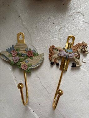 Vintage Wall Hooks Set of 2 Rustic Metal Farmhouse Nursery Carousel Hat Horse